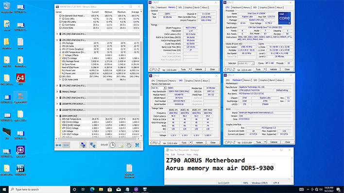 Gigabyte screenshot showing its Z790 Aorus Tachyon motherboard running RAM at DDR5-9300.