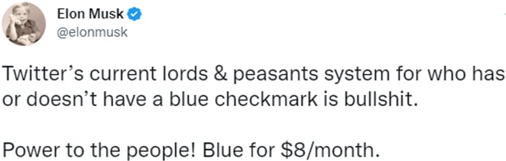 musk tweet twitter blue cost