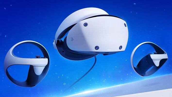Sony PlayStation VR2 headset and controllers on a blue background.