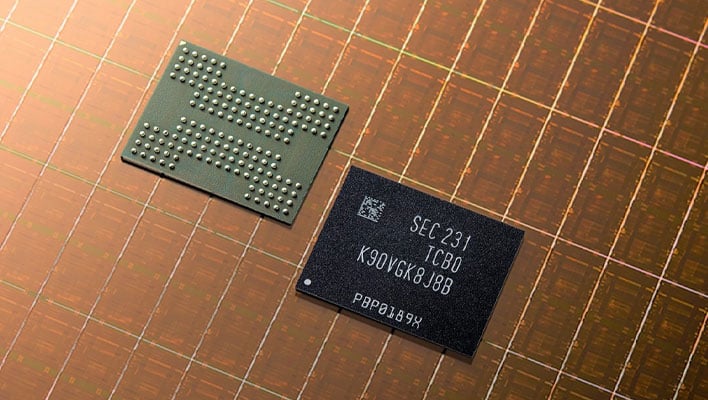 Samsung 8th generation V-NAND memory chips on a wafer background.