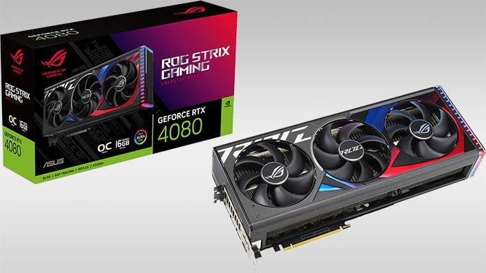 ASUS ROG Strix Gaming GeForce RTX 4080 card and retail box (renders) on a gray gradient background.