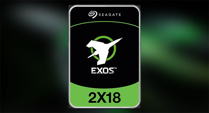 Seagate Exos 2X18 hard drive on a blurred background