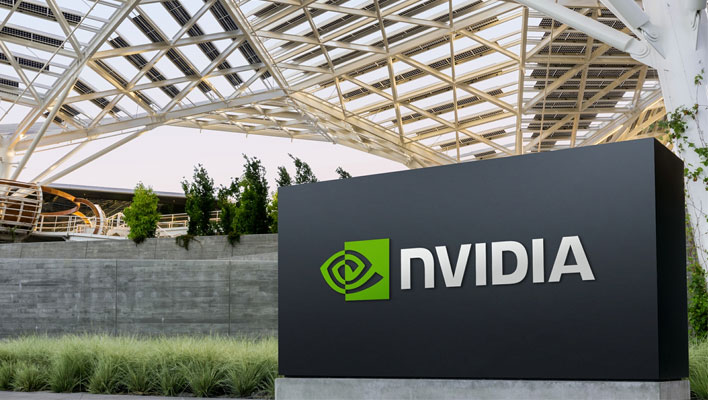 NVIDIA sign in front of the company's Voyager building.