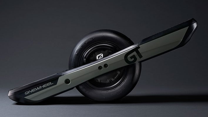 Onewheel GT electric scooter on a gray background.