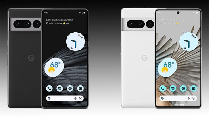 Google Pixel 7 Pro phones on a black gradient background.