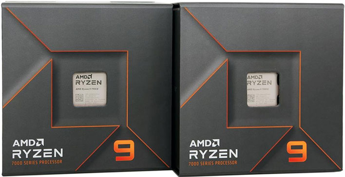Two AMD Ryzen 9 Zen 4 retail boxes slightly angled facing right.