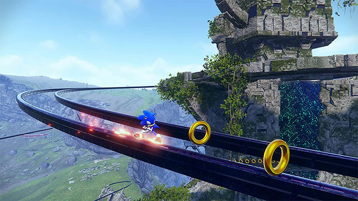 Sonic Frontiers screenshot on PS5 (Sonic racing on rails towards two coins).