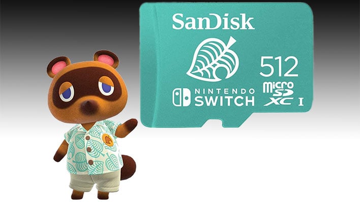 Animal Crossing character holding a greent SaDisk 512GB microSDXC card on a black and gray gradnient background.