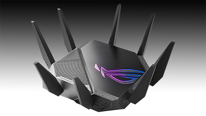ASUS ROG Rapture Wi-Fi 6E router on a black and gray gradient background.