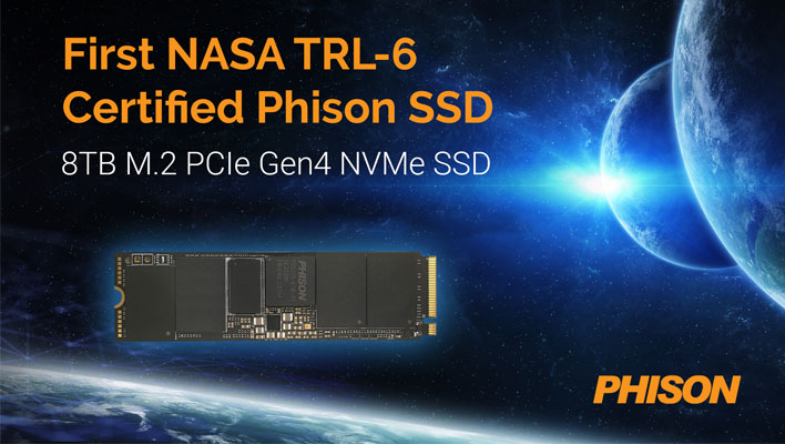 Phison banner showing a NASA-certified 8TB NVMe SSD in front of a space-themed background.
