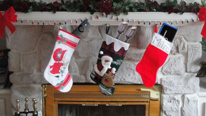 Christmas stockings with geek gifts.
