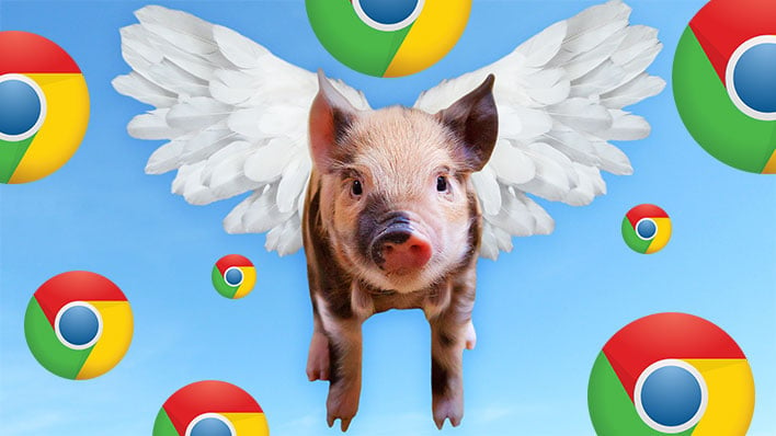 A pig with wings flying in a blue sky filled with different size Chrome browser logos.
