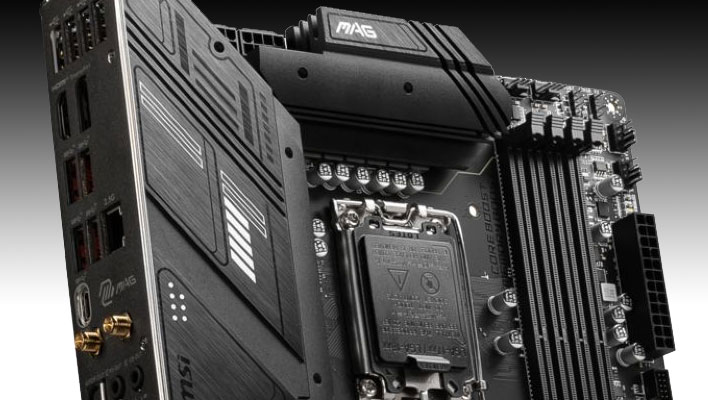 Top section of MSI's MAG B760 Tomahawk motherboard on a black and gray gradient background.