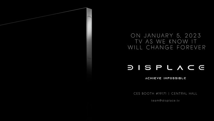 Displace banner showing a corner shot of its 55" OLED wireless TV that's headed to CES.