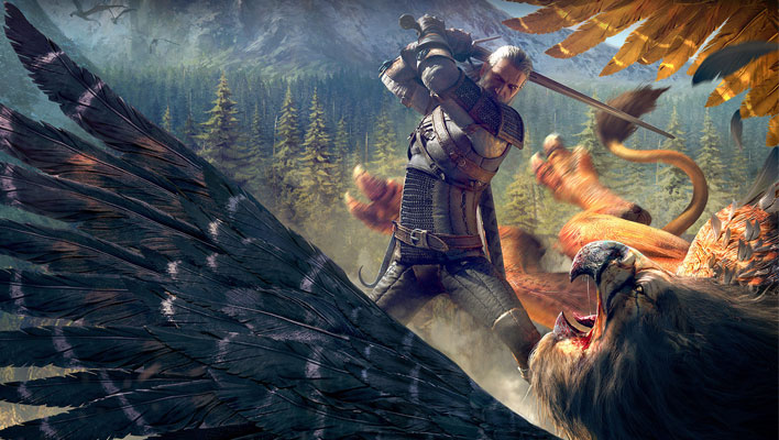 Geralt wielding a sword in The Witcher 3: Wild Hunt.