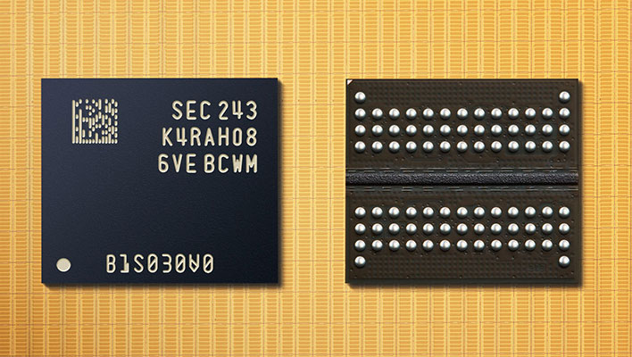 Two Samsung 12nm DDR5 DRAM chips (front and back).