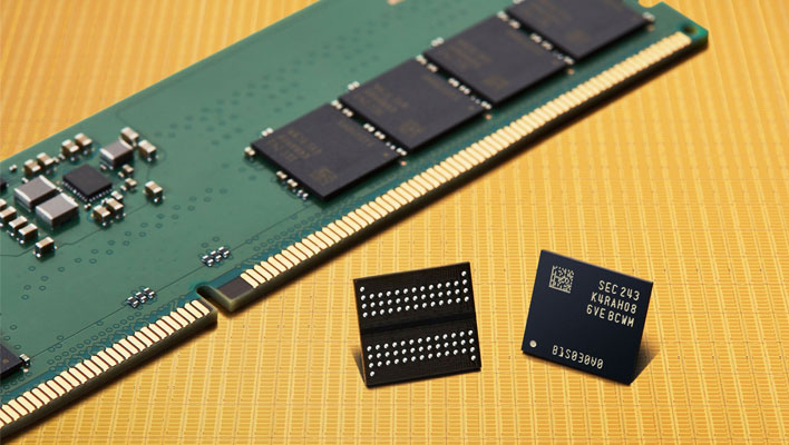 Samsung's 12nm DDR5 memory chips next to a memory module.