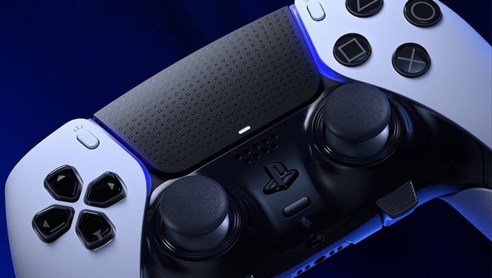 Closeup of Sony's DualSense Controller sitting angled on a dark blue background.