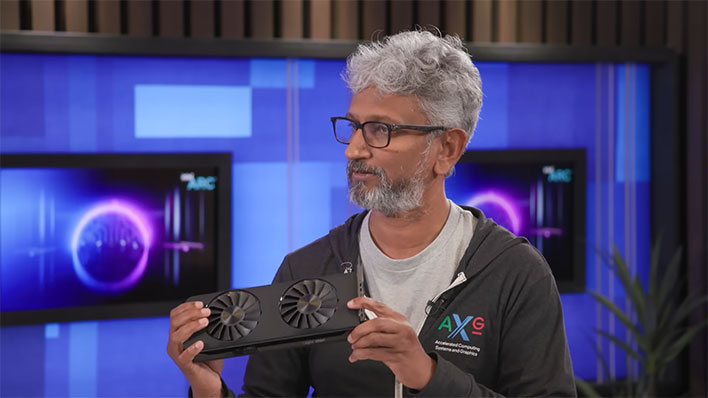 Raja Koduri holding an Intel Arc graphics card.