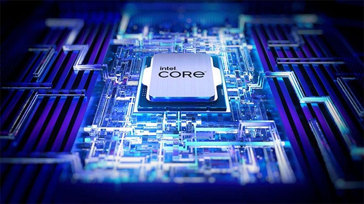 Intel Core processor laying on a blue circuit background.