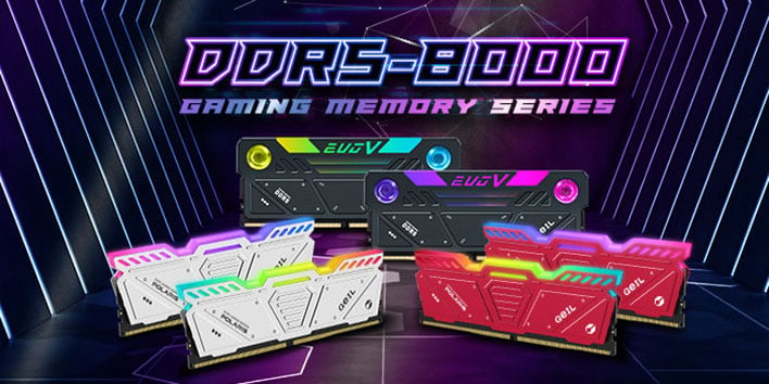 GeIL DDR5-8000 memory modules in red, white, and black color options.