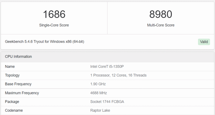 Lake Raptor 1350p fuga geekbench