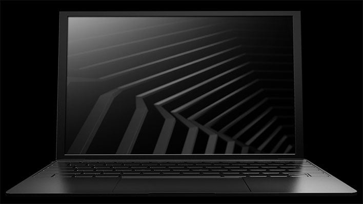 Render of a laptop with a stylized GeForce graphic on the display, sitting on a black background.