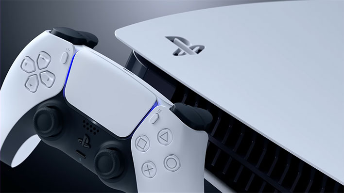 Closeup of Sony's DualSense controller in front of a PlayStation 5 console on a grayish gradient background.