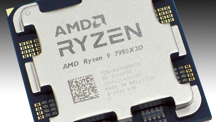 Closeup of AMD's Ryzen 9 7950X3D processor on a black and gray gradient background.