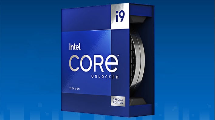 Render of an Intel Core i9-13900KS retail box at an angle in front of a blue background.