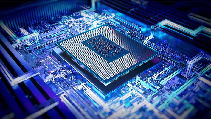 Underside of an Intel 13th Gen Core Raptor Lake CPU in an acrylic themed motherboard. 