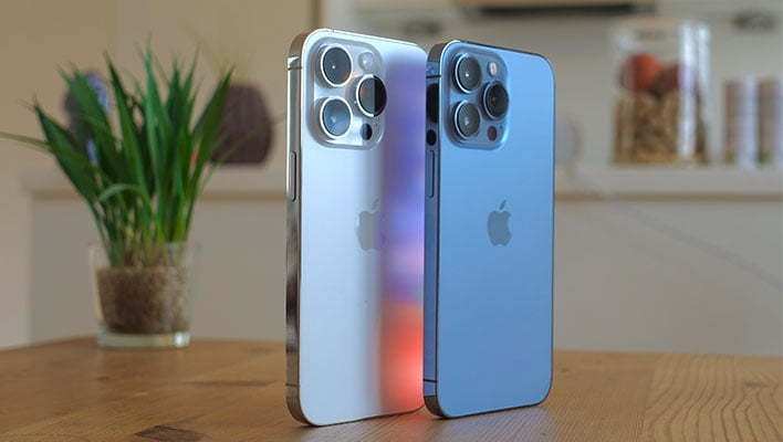 Angled rear view of two iPhone 13 models on a table next to a plant.