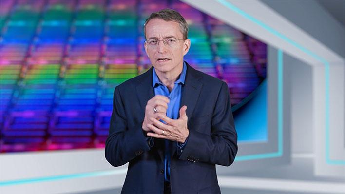 Intel CEO Pat Gelsiner standing in front of an image of a chip wafer.