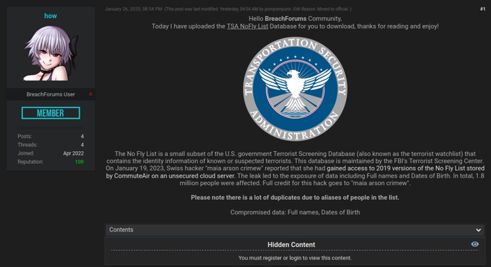 breach forums post tsa no fly list