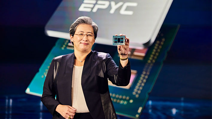 AMD CEO Dr. Lisa Su holding an EPYC processor on state.