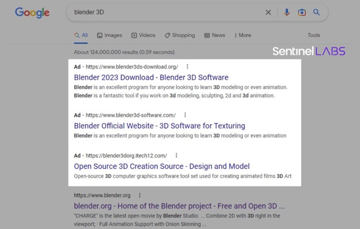malicious google search blender ads news