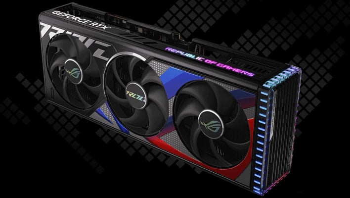 Angled ASUS ROG Strix GeForce RTX 4080 graphics card on a black background with an ROG logo.