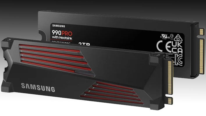 Samsung 990 Pro SSDs (one with a heatsink) on a black and gray gradient background.