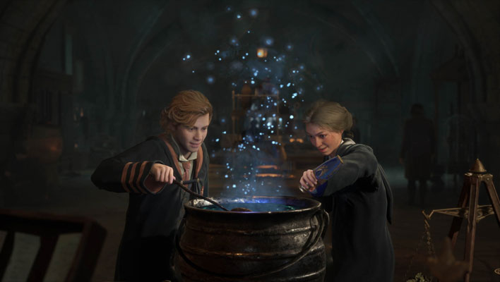 Students in Hogwarts Legacy stirring a cauldron.