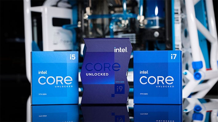 Intel Core i5 and Core i9 Rocket Lake CPU boxes in front of a PC.