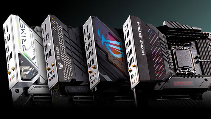 Top section of four angled ASUS motherboards on a black background.