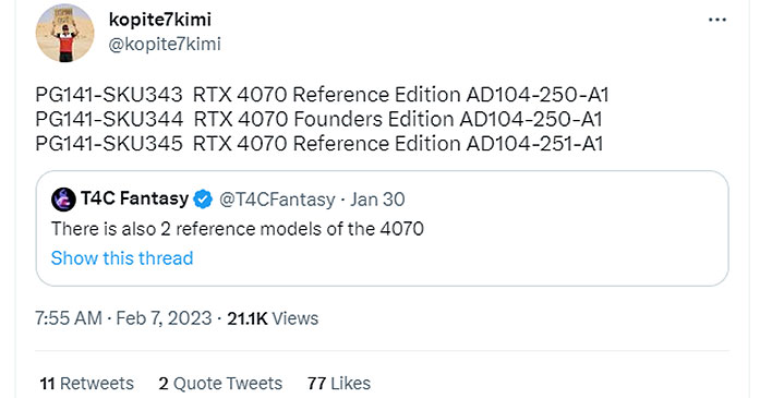 Twitter post listing out three GPU version for the GeForce RTX 4070.