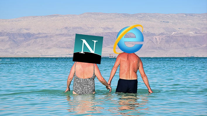 Older couple with IE and Netscape Navigator logos as heads, holding hands in a lake.