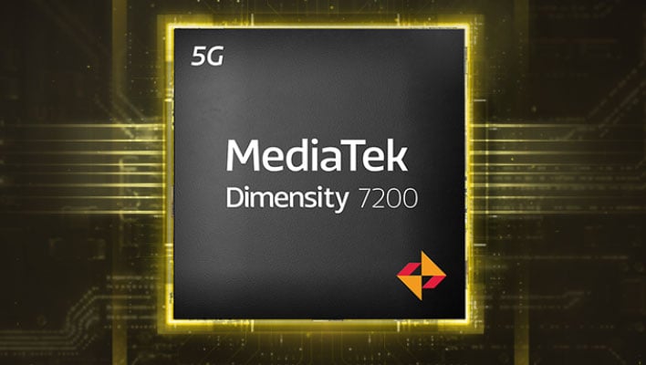Render of MediaTek's Dimensity 7200 SoC on an electronic themed background.