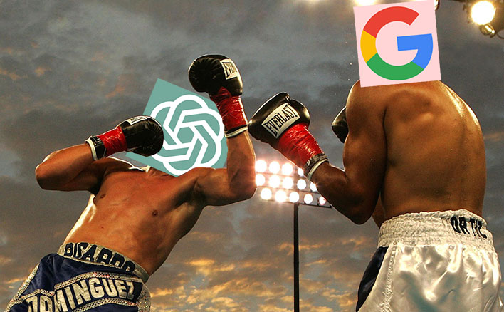 Two boxers with ChatGPT and Google logos for heads.