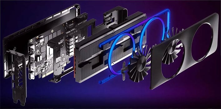 Render of a blown up Intel Arc graphics card on a dark blue background.