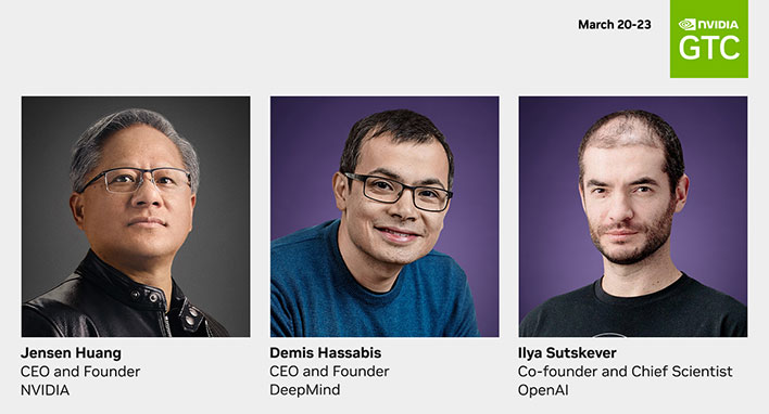 NVIDIA GTC 2023 slide showing Jensen Huang, Demis Hassabis, and Ilya Sutskever. 