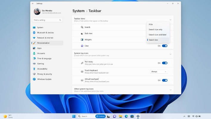 Taskbar settings in Windows 11.