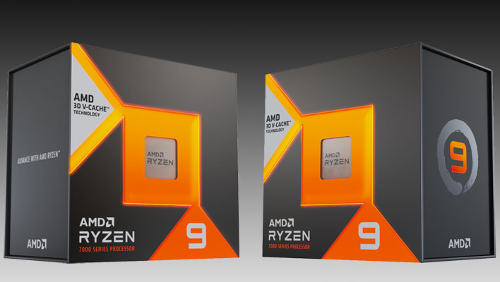 Renders of two retail AMD Ryzen 9 7000X3D boxes angled left and right on a black and silver gradient background.