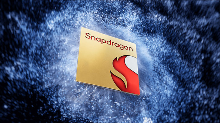 Qualcomm Snapdragon chip on a water splashed background.